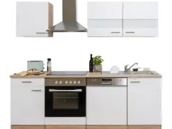 Respekta Küchenzeile KB220ESWC 220 cm Weiß-Eiche Sägerau Nachbildung Glänzend