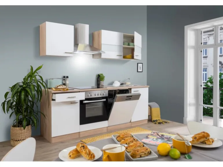 Respekta Küchenzeile KB220ESWC 220 cm Weiß-Eiche Sägerau Nachbildung Glänzend