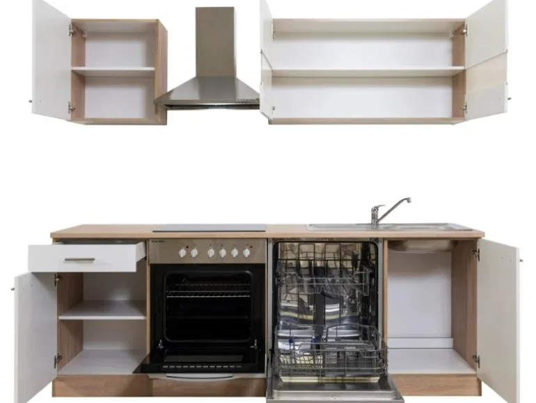 Respekta Küchenzeile KB220ESWC 220 cm Weiß-Eiche Sägerau Nachbildung Glänzend