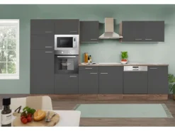 Respekta Küchenzeile KB340EYGMIGKE 340 cm Grau Seidengl.-Eiche York Nachbildung