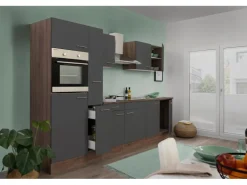 Respekta Küchenzeile KB300EYG 300 cm Grau Seidenglanz-Eiche York Nachbildung