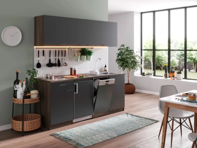 Respekta Küchenzeile KB195EYGC 195cm Grau-Eiche York Nachb. Glaskeramikkochfeld