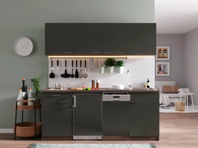 Respekta Küchenzeile KB195EYGC 195cm Grau-Eiche York Nachb. Glaskeramikkochfeld