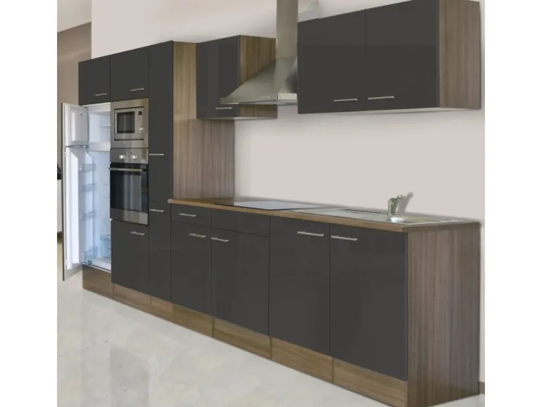 Respekta Küchenzeile KB360EYGMIGKE 360 cm Grau Seidengl.-Eiche York Nachbildung