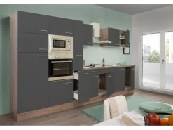 Respekta Küchenzeile KB360EYGMIGKE 360 cm Grau Seidengl.-Eiche York Nachbildung