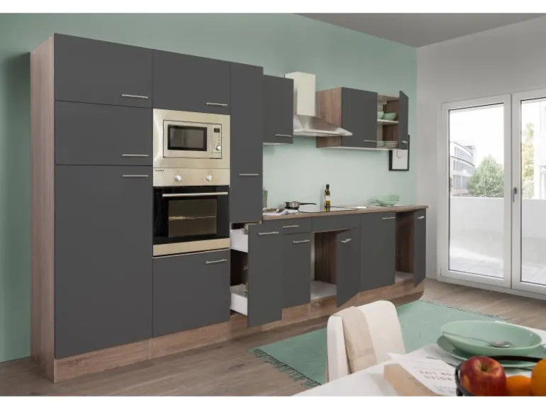 Respekta Küchenzeile KB360EYGMIGKE 360 cm Grau Seidengl.-Eiche York Nachbildung