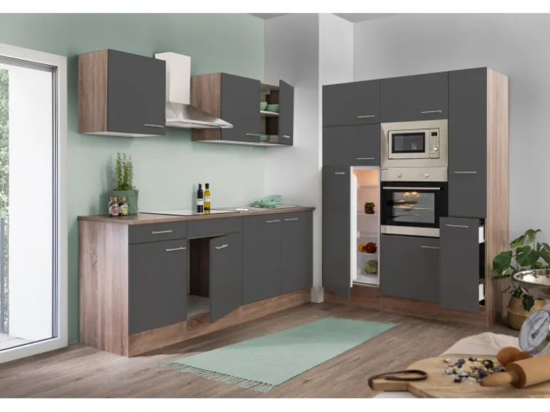 Respekta Küchenzeile KB360EYGMIGKE 360 cm Grau Seidengl.-Eiche York Nachbildung