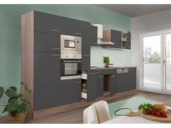 Respekta Küchenzeile KB370EYGMIGKE 370 cm Grau Seidengl.-Eiche York Nachbildung