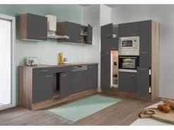Respekta Küchenzeile KB370EYGMIGKE 370 cm Grau Seidengl.-Eiche York Nachbildung