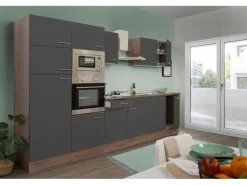 Respekta Küchenzeile KB330EYGMIGKE 330 cm Grau Seidengl.-Eiche York Nachbildung