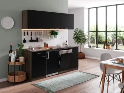 Respekta Küchenzeile KB195EYSC 195cm Schwarz-Eiche York Nachb. Glaskeramikkochf.