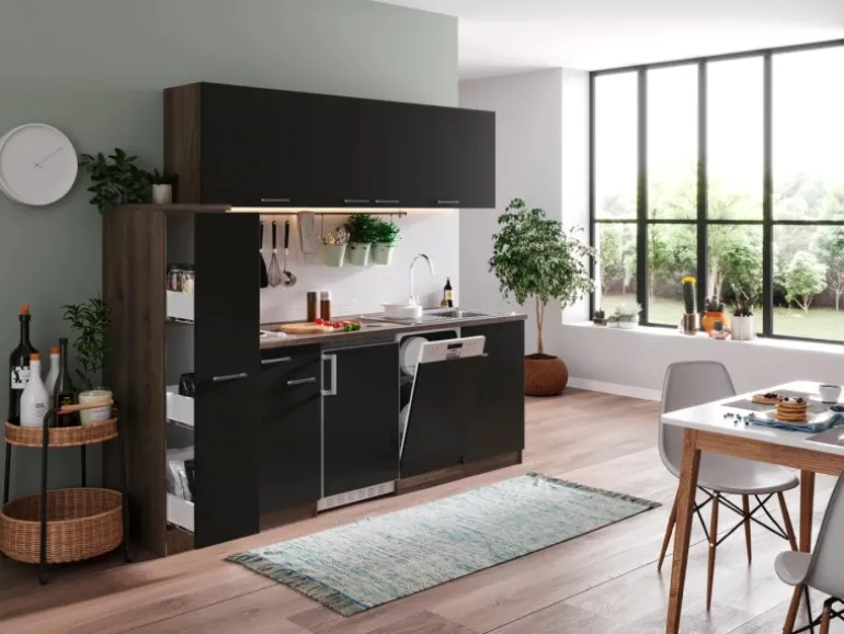 Respekta Küchenzeile KB225EYS 225 cm Schwarz-Eiche York Nachbildung