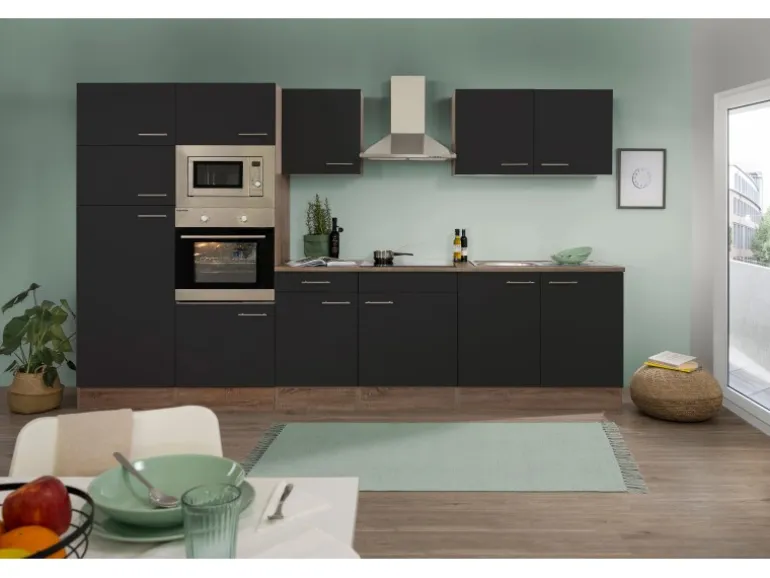 Respekta Küchenzeile KB330EYSMIGKE 330 cm Schwarz-Eiche York Nachbildung