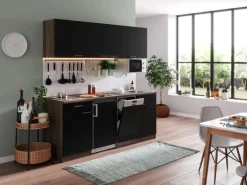 Respekta Küchenzeile KB195EYSMIC 195 cm Schwarz-Eiche York Nachbildung