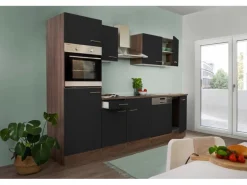 Respekta Küchenzeile KB280EYS 280 cm Schwarz Seidenglanz-Eiche York Nachbildung