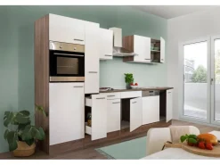 Respekta Küchenzeile KB310EYW 310 cm Weiß Seidenglanz-Eiche York Nachbildung