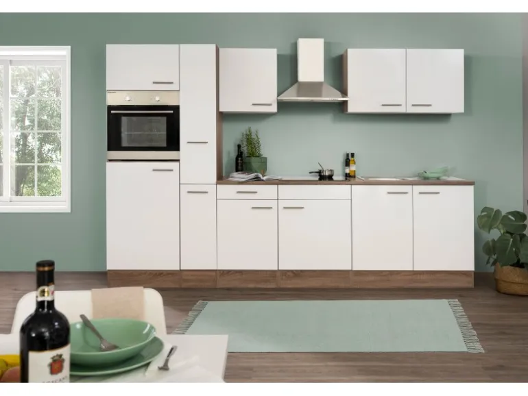 Respekta Küchenzeile KB300EYW 300 cm Weiß Seidenglanz-Eiche York Nachbildung