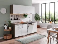 Respekta Küchenzeile KB195EYWC 195 cm Weiß-Eiche Nachbildung Glaskeramikkochfeld