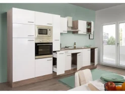 Respekta Küchenzeile KB360EYWMIGKE 360 cm Weiß Seidengl.-Eiche York Nachbildung