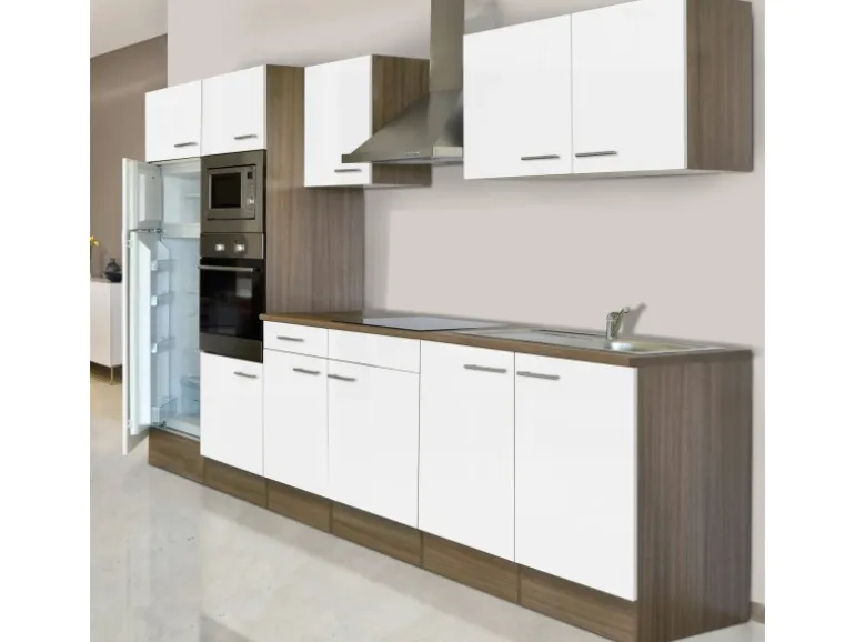 Respekta Küchenzeile KB330EYWMIGKE 330 cm Weiß Seidengl.-Eiche York Nachbildung