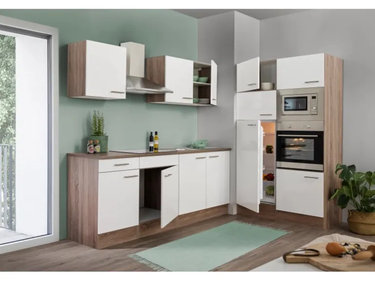 Respekta Küchenzeile KB330EYWMIGKE 330 cm Weiß Seidengl.-Eiche York Nachbildung