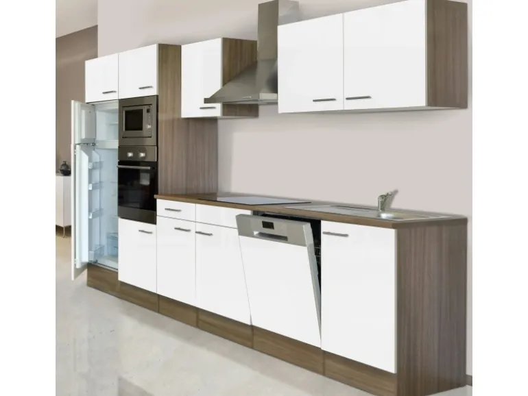 Respekta Küchenzeile KB340EYWMIGKE 340 cm Weiß Seidengl.-Eiche York Nachbildung