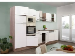 Respekta Küchenzeile KB340EYWMIGKE 340 cm Weiß Seidengl.-Eiche York Nachbildung