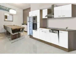 Respekta Küchenzeile KB370EYWMIGKE 370 cm Weiß Seidengl.-Eiche York Nachbildung