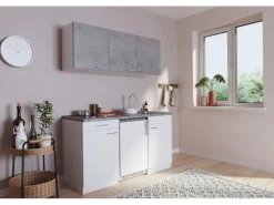 Respekta Küchenzeile KB150WWBCG 150 cm Weiß-Beton Optik