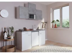 Respekta Küchenzeile KB150WWBMICG 150 cm Weiß-Beton Optik