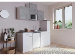 Respekta Küchenzeile KB180WWBMIG 180 cm Weiß-Beton Optik