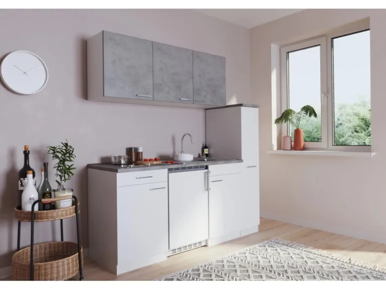 Respekta Küchenzeile KB180WWBCG 180 cm Weiß-Beton Optik