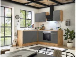 Respekta Küchenzeile Marleen 220 cm Artisan-Eiche Grau Matt Winkel