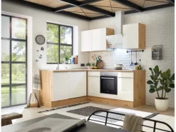 Respekta Küchenzeile Marleen 220 cm Artisan-Eiche Weiß Hochglanz Winkel