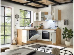 Respekta Küchenzeile Marleen 220 cm Artisan-Eiche Weiß Hochglanz Winkel