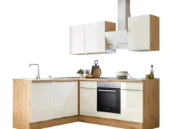 Respekta Küchenzeile Marleen 220 cm Artisan-Eiche Weiß Hochglanz Winkel