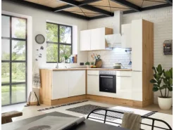 Respekta Küchenzeile Marleen 250 cm Artisan-Eiche Weiß Hochglanz Winkel