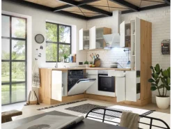 Respekta Küchenzeile Marleen 250 cm Artisan-Eiche Weiß Hochglanz Winkel