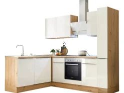 Respekta Küchenzeile Marleen 250 cm Artisan-Eiche Weiß Hochglanz Winkel