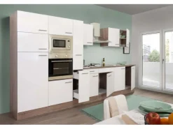 Respekta Küchenzeile ohne E-Geräte 360 cm Weiß Seidengl.-Eiche York