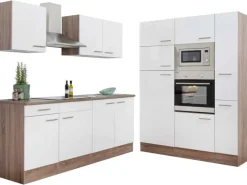 Respekta Küchenzeile ohne E-Geräte 360 cm Weiß Seidengl.-Eiche York