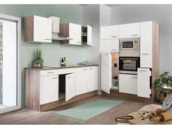 Respekta Küchenzeile ohne E-Geräte 360 cm Weiß Seidengl.-Eiche York