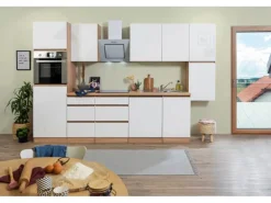 Respekta Küchenzeile ohne E-Geräte 330 cm Grifflos Weiß Hochglanz-Eiche Sägerau