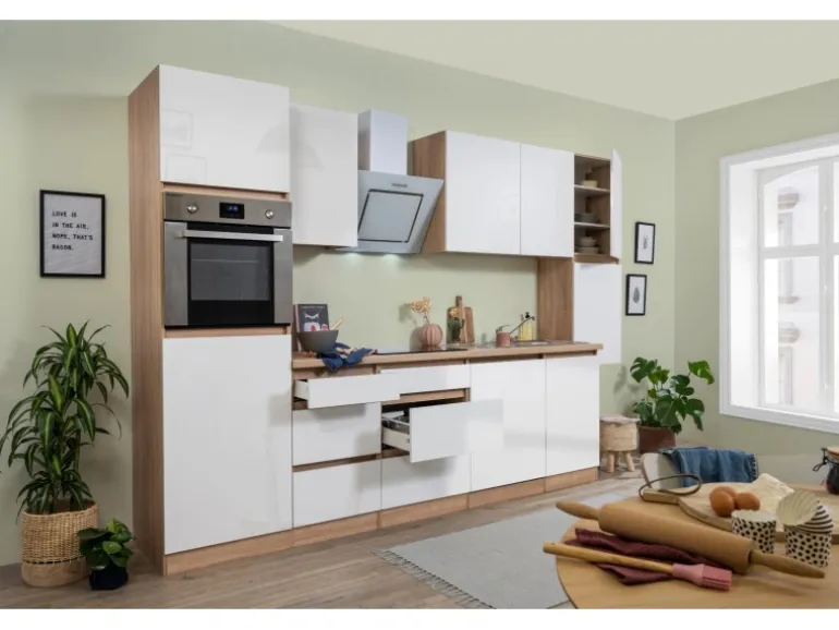 Respekta Küchenzeile ohne E-Geräte 330 cm Grifflos Weiß Hochglanz-Eiche Sägerau