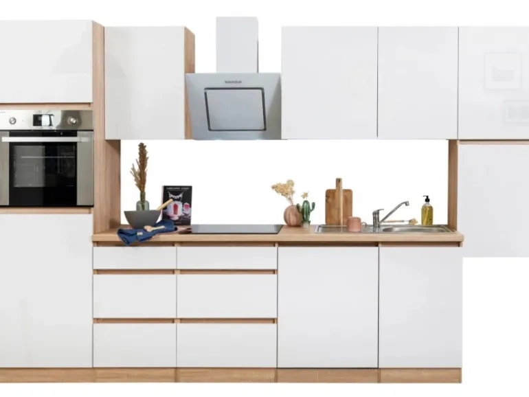 Respekta Küchenzeile ohne E-Geräte 330 cm Grifflos Weiß Hochglanz-Eiche Sägerau