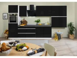 Respekta Küchenzeile ohne E-Geräte 370 cm Grifflos Schwarz Hochglanz-Weiß