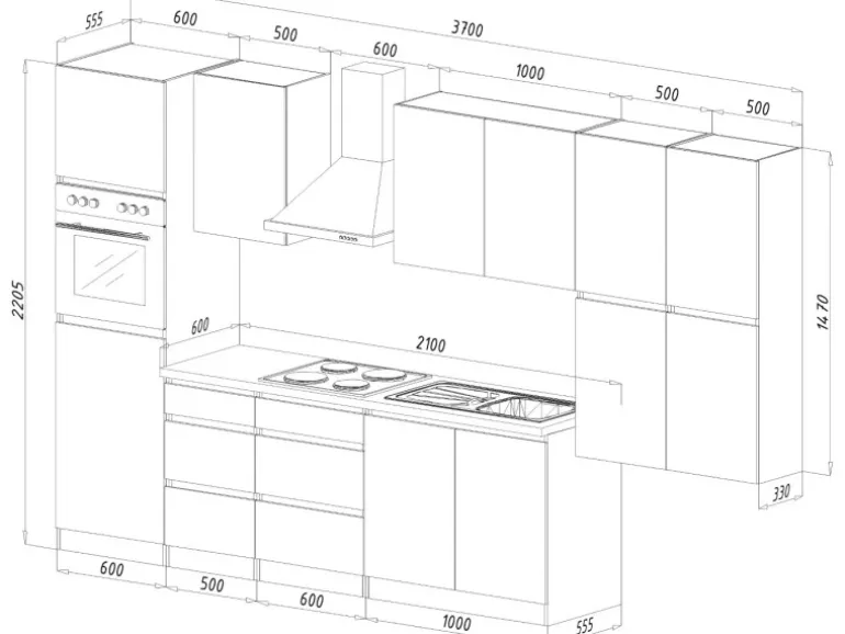 Respekta Küchenzeile ohne E-Geräte 370 cm Grifflos Schwarz Hochglanz-Weiß