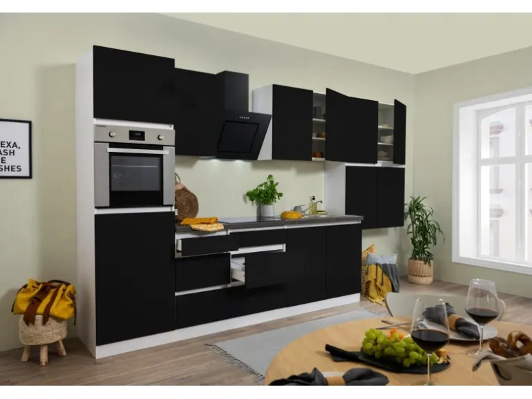 Respekta Küchenzeile ohne E-Geräte 370 cm Grifflos Schwarz Hochglanz-Weiß