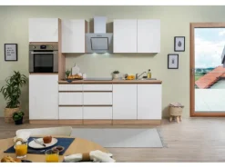 Respekta Küchenzeile ohne E-Geräte 270 cm Grifflos Weiß Hochglanz-Eiche Sägerau