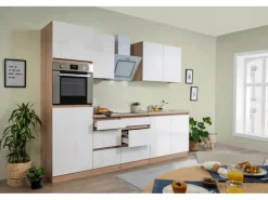 Respekta Küchenzeile ohne E-Geräte 270 cm Grifflos Weiß Hochglanz-Eiche Sägerau